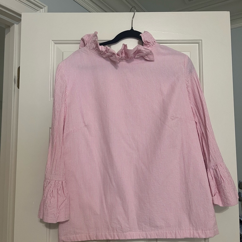 EUC Elizabeth Wilson Designs seersucker pink and white ruffles blouse